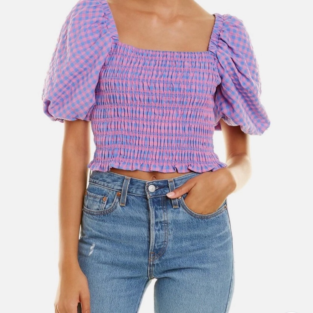 Endless Rose Blue and Pink Gingham Checked smocked puff sleeve top EUC Size M